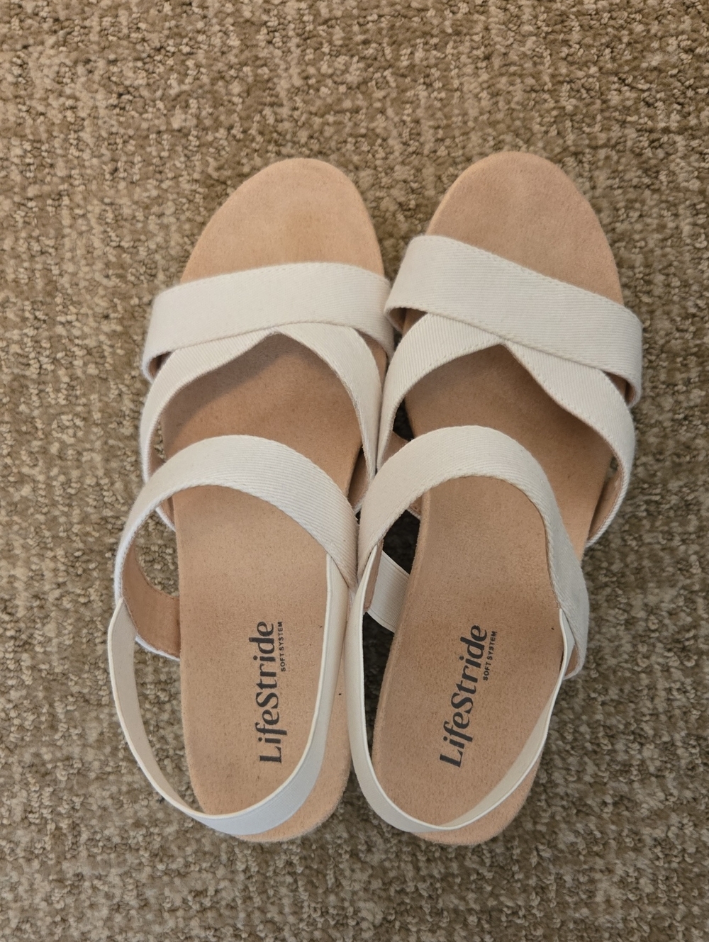 Life Stride Light Tan Or Cream Elastic Strap Platform Sandals, Size 8